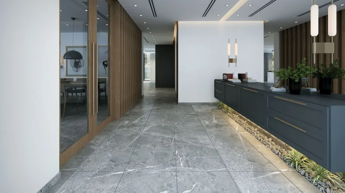 Marble floored lobby kept immaculate under even light
