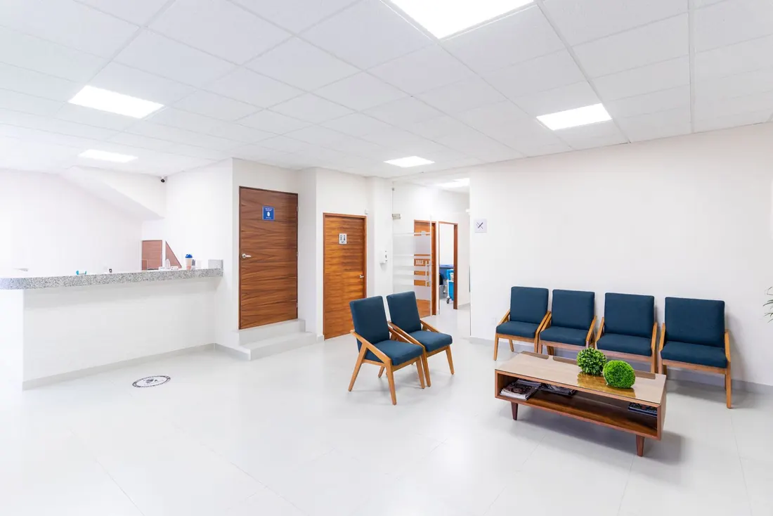 Clinic waiting area with the seating and floor turned over