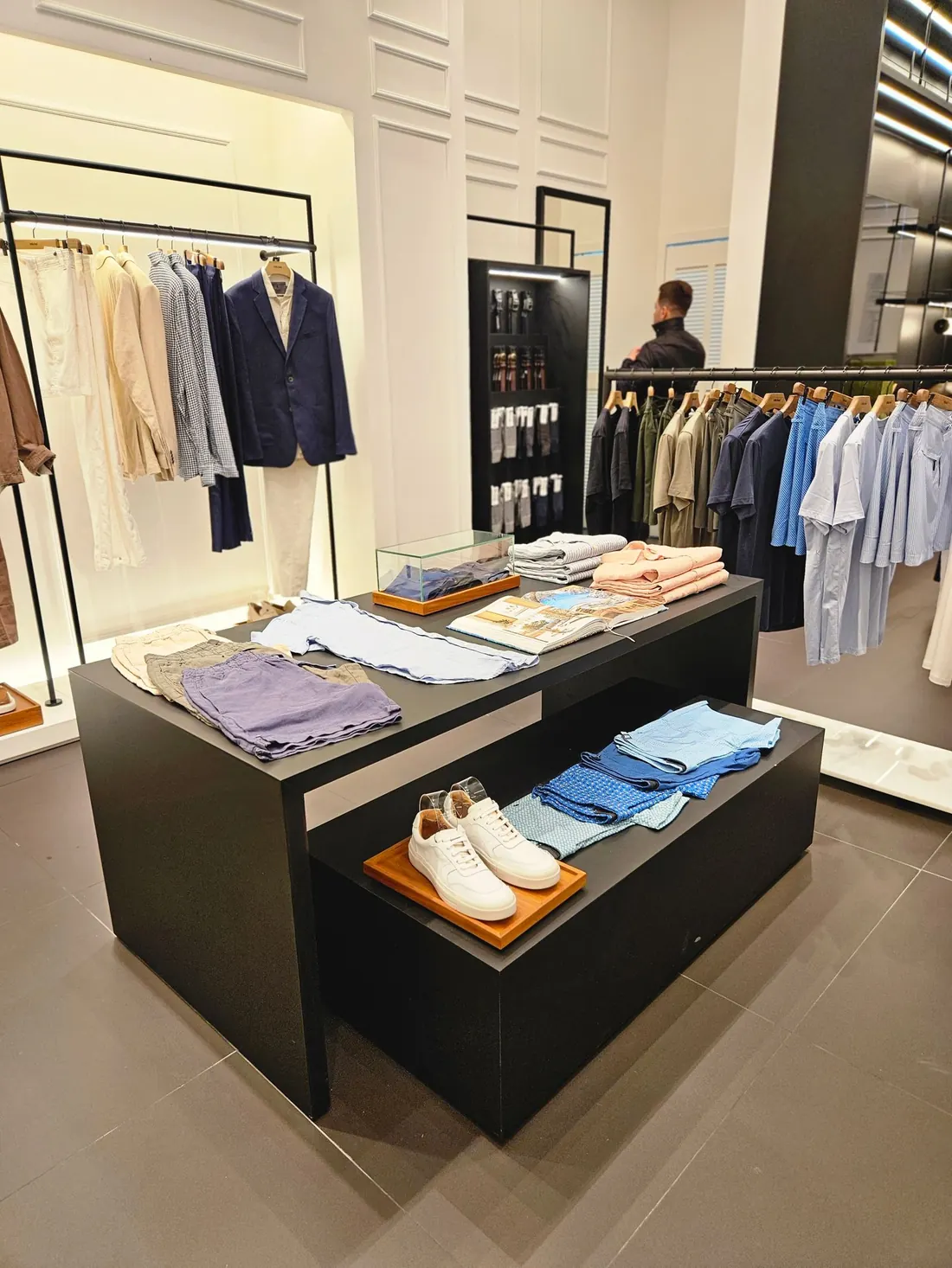 Menswear floor with rails faced up and the aisle swept