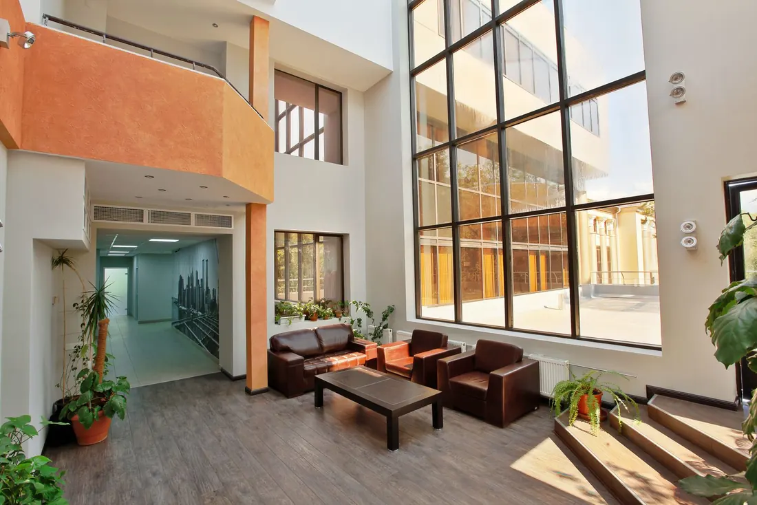 High ceilinged lobby with the floor kept clear during the day